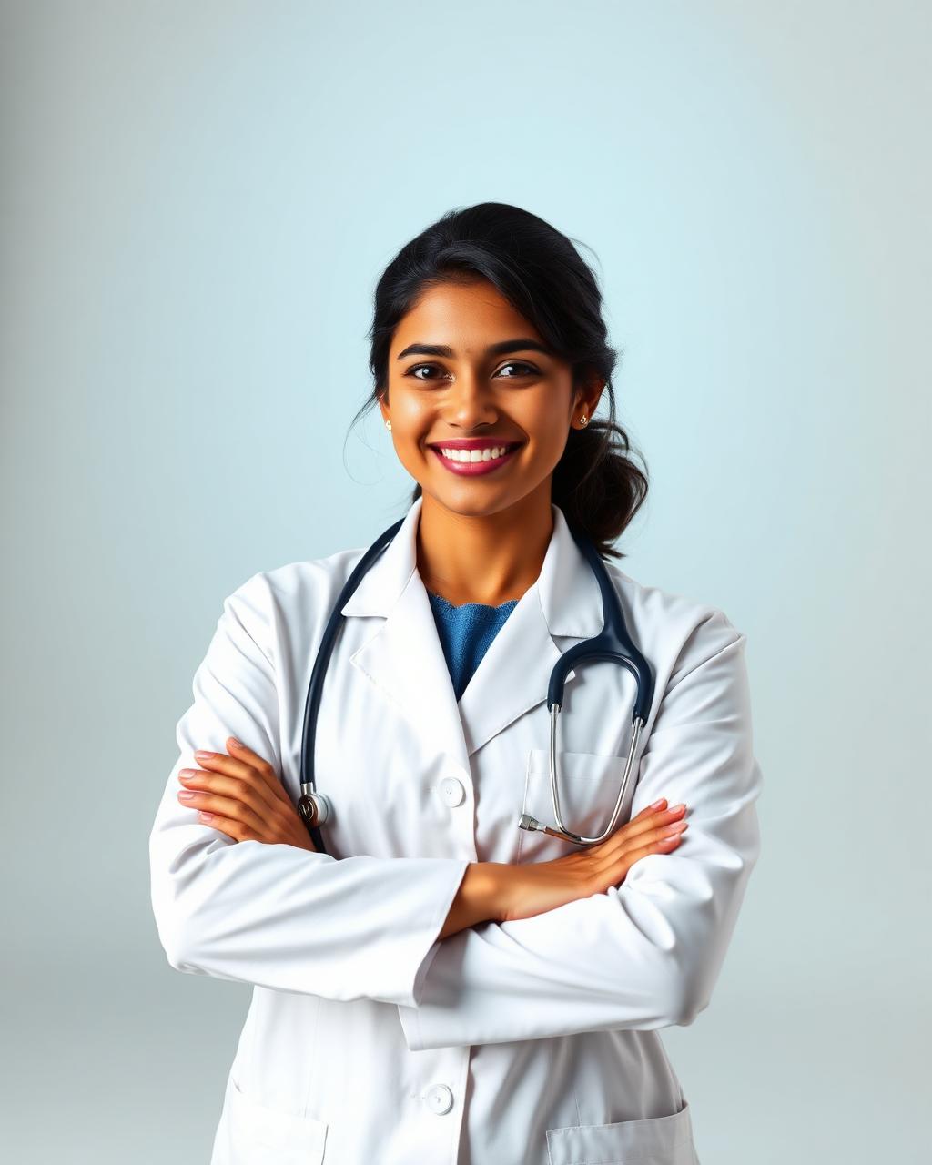 Confident medical student in white coat with stethoscope
